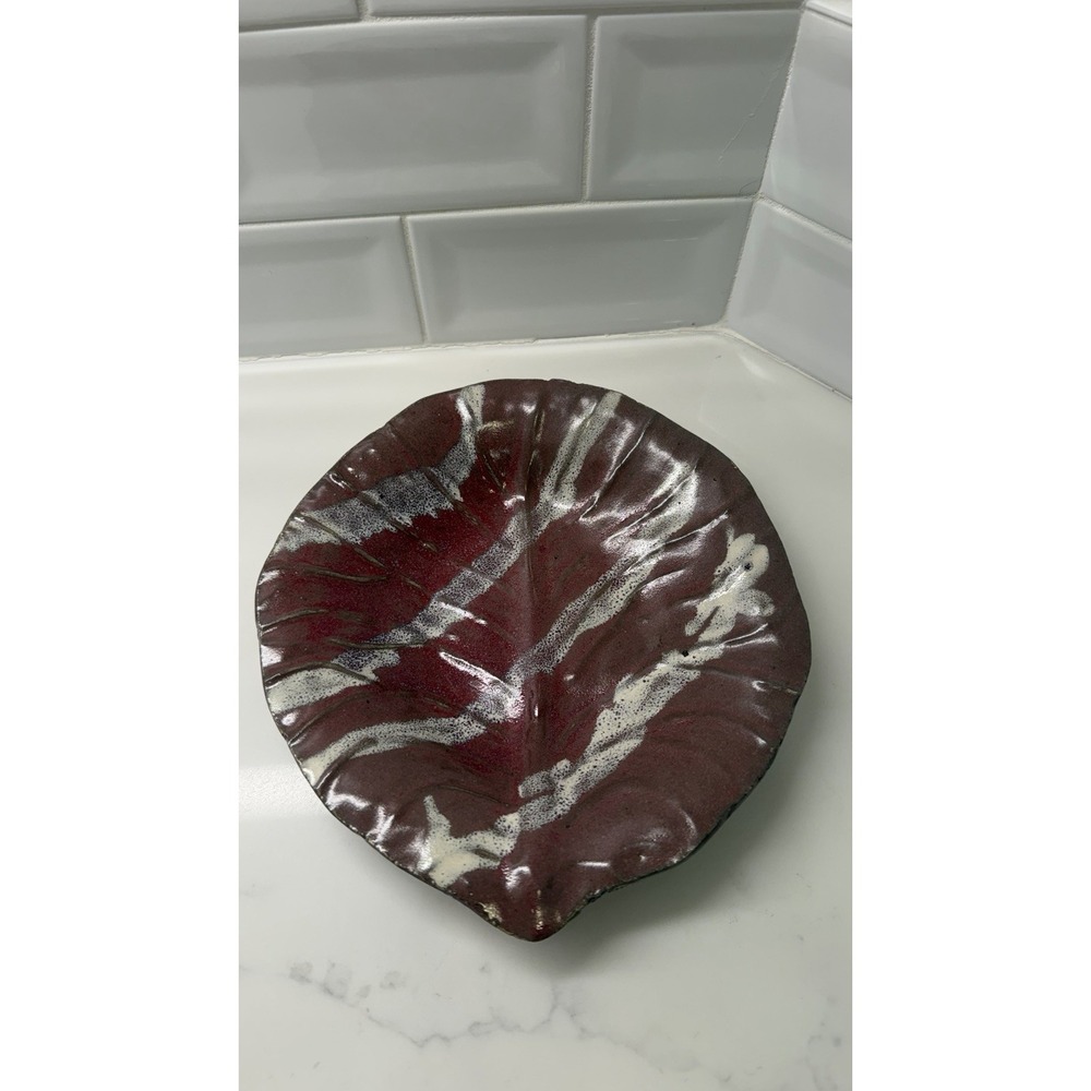 Studio Art Pottery Signed LP Burgundy White Stripes 8.5" Leaf Pottery Plate